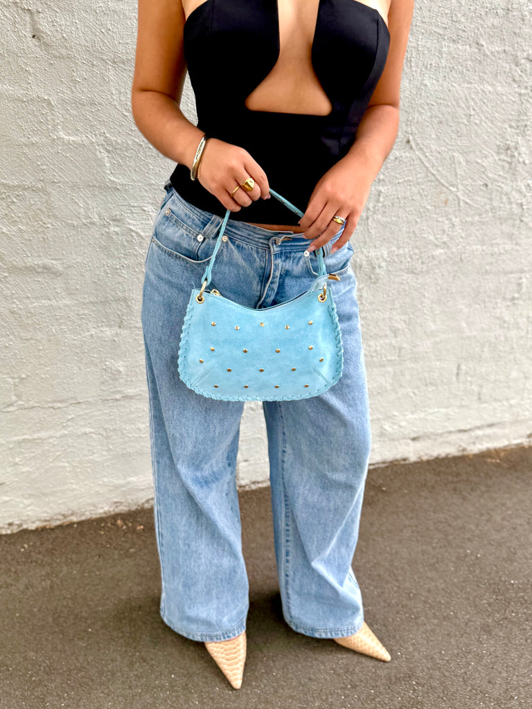 Bella Suede Stud Bag - Sky Blue