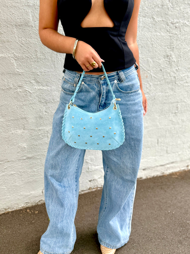 Bella Suede Stud Bag - Sky Blue