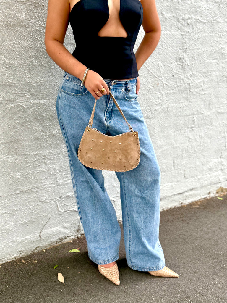 Bella Suede Stud Bag  - Camel