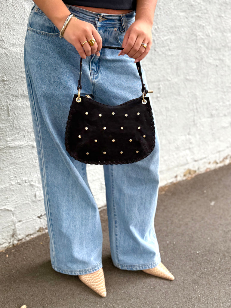 Bella Suede Stud Bag  - Black