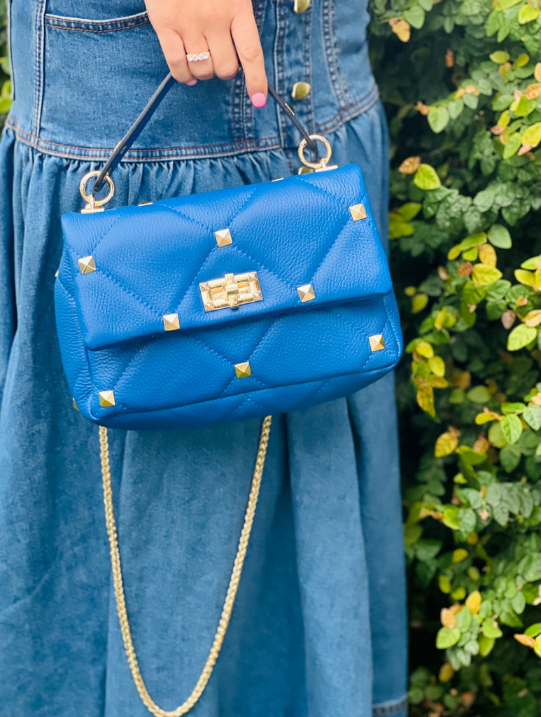 SMALL ROMAN STUD THE HANDLE BAG IN DENIM